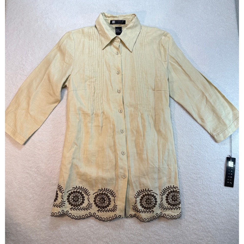 Carole Little Linen Pintuck Tunic Shirt Beige Embroidered Scallop Hem Small NWT
